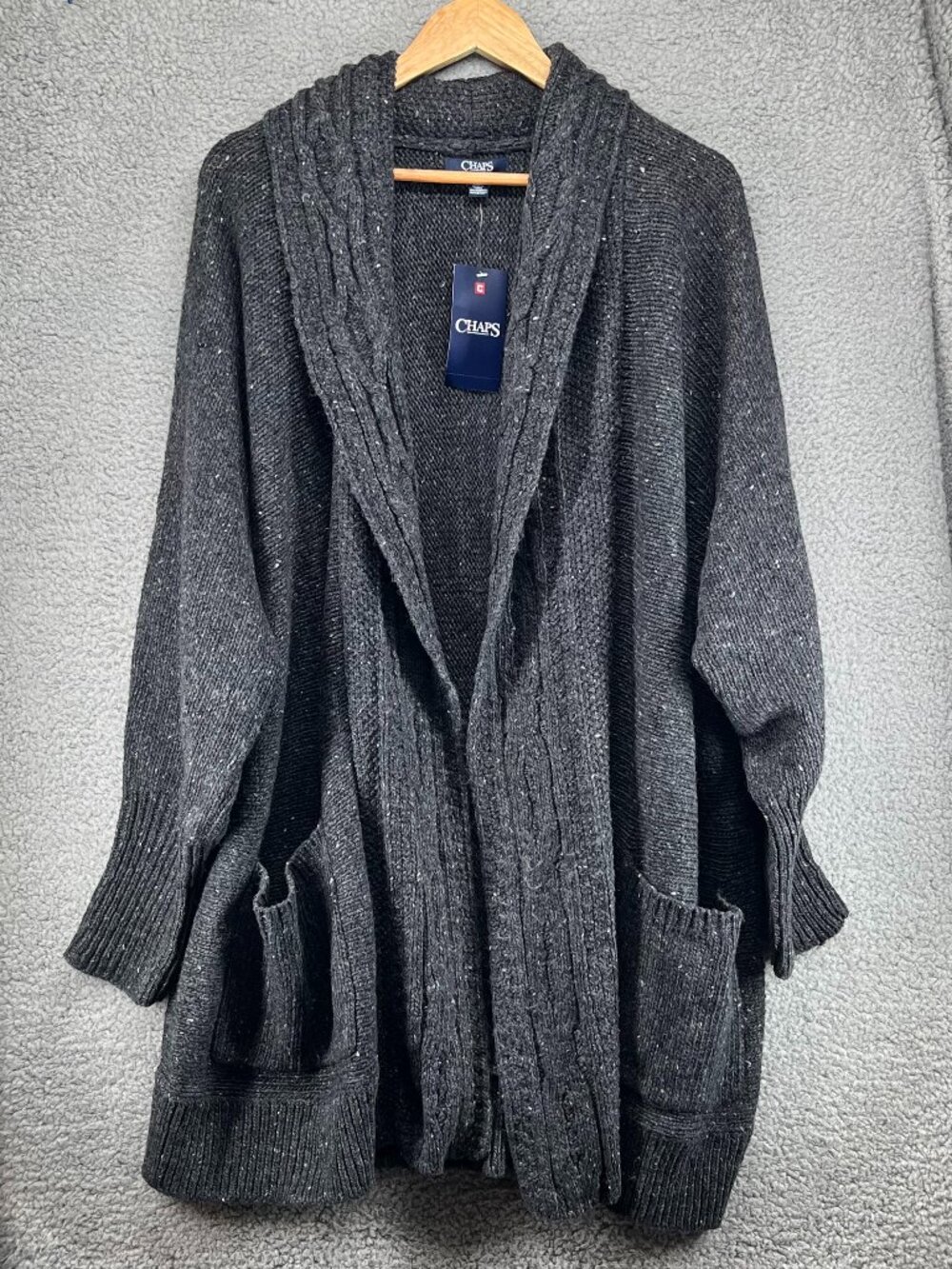 NWT Dark Charcoal Chaps Shawl Collar Cardigan Chunky Knit with Pockets size XL
